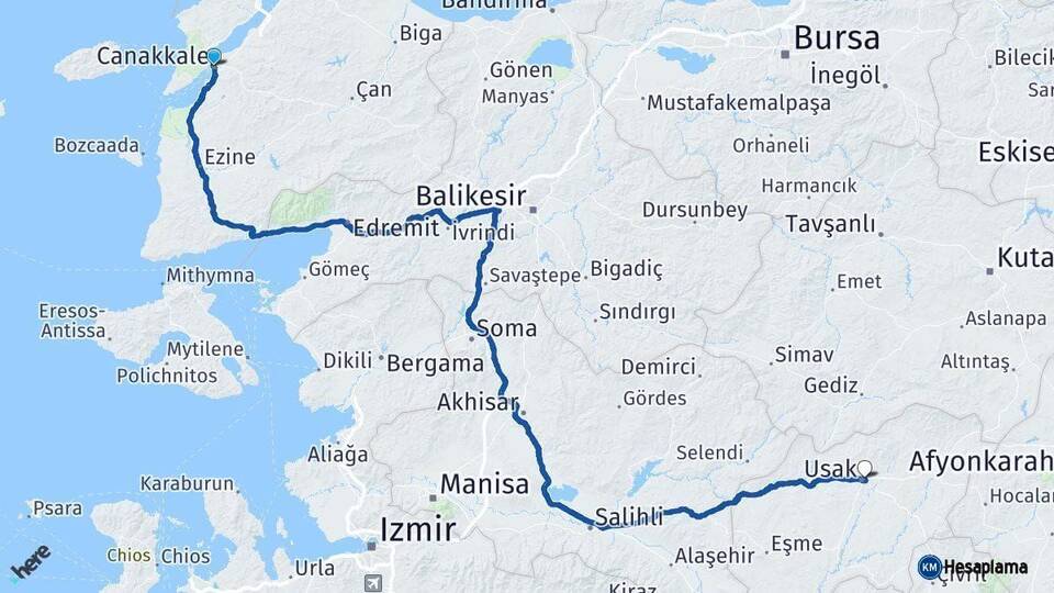 Çanakkale Uşak Arası Kaç Km - Yol Haritası