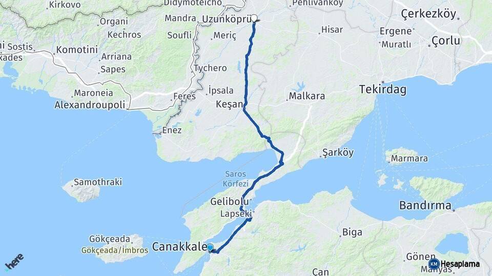 Çanakkale Uzunköprü Edirne Arası Kaç Km - Yol Haritası