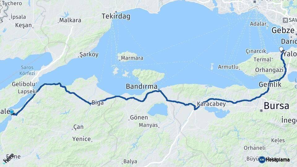 Çanakkale Yalova Arası Kaç Km - Yol Haritası