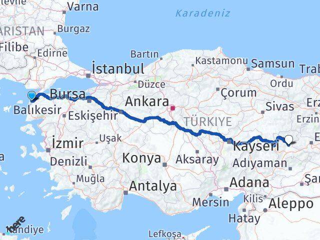Çanakkale Yazıhan Malatya Arası Kaç Km - Yol Haritası