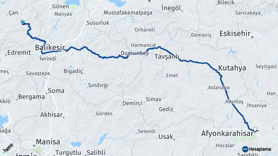Çanakkale Yenice Afyonkarahisar Arası Kaç Km - Yol Haritası