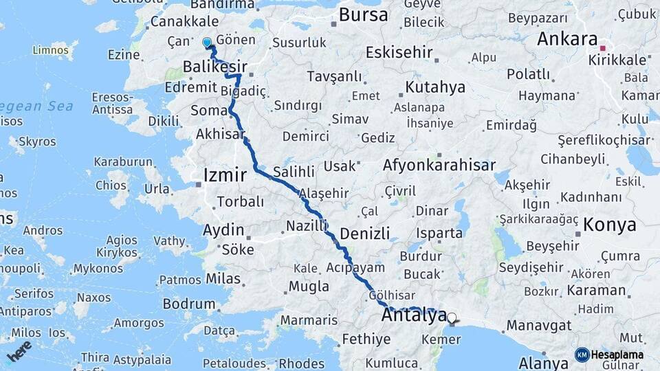 Çanakkale Yenice Antalya Arası Kaç Km - Yol Haritası
