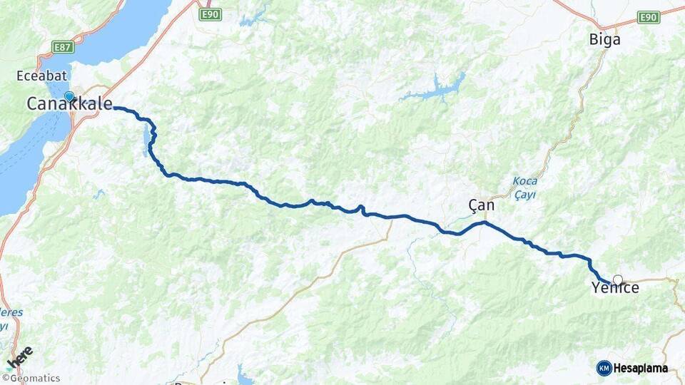 Çanakkale Yenice Arası Kaç Km - Yol Haritası