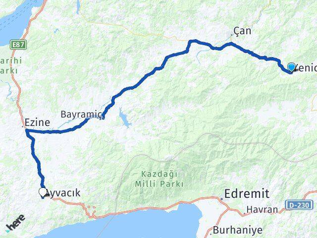 Çanakkale Yenice Ayvacık Arası Kaç Km - Yol Haritası