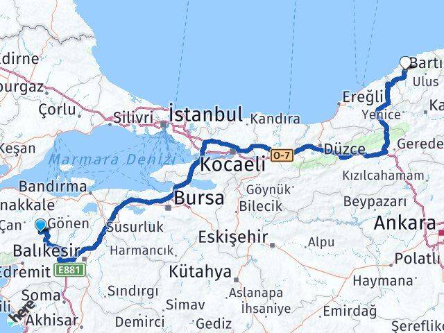 Çanakkale Yenice Bartın Arası Kaç Km - Yol Haritası