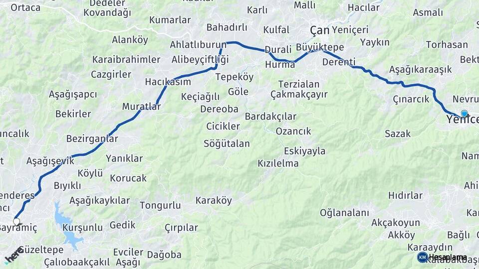 Çanakkale Yenice Bayramiç Arası Kaç Km - Yol Haritası