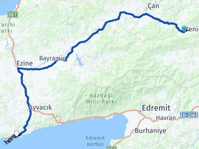 Çanakkale Yenice Behram Ayvacık Arası Kaç Km - Yol Haritası