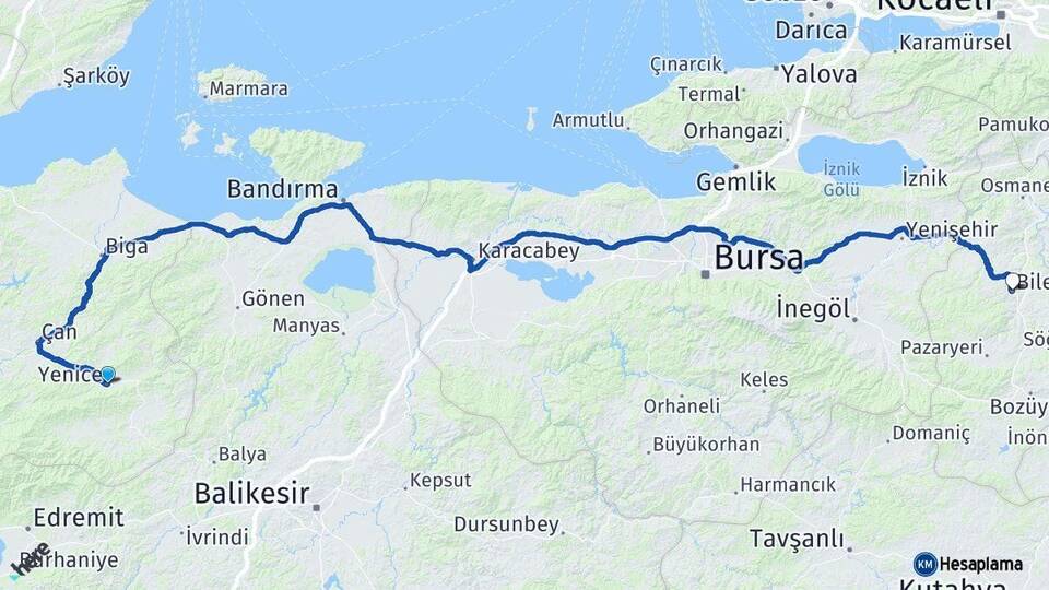Çanakkale Yenice Bilecik Arası Kaç Km - Yol Haritası