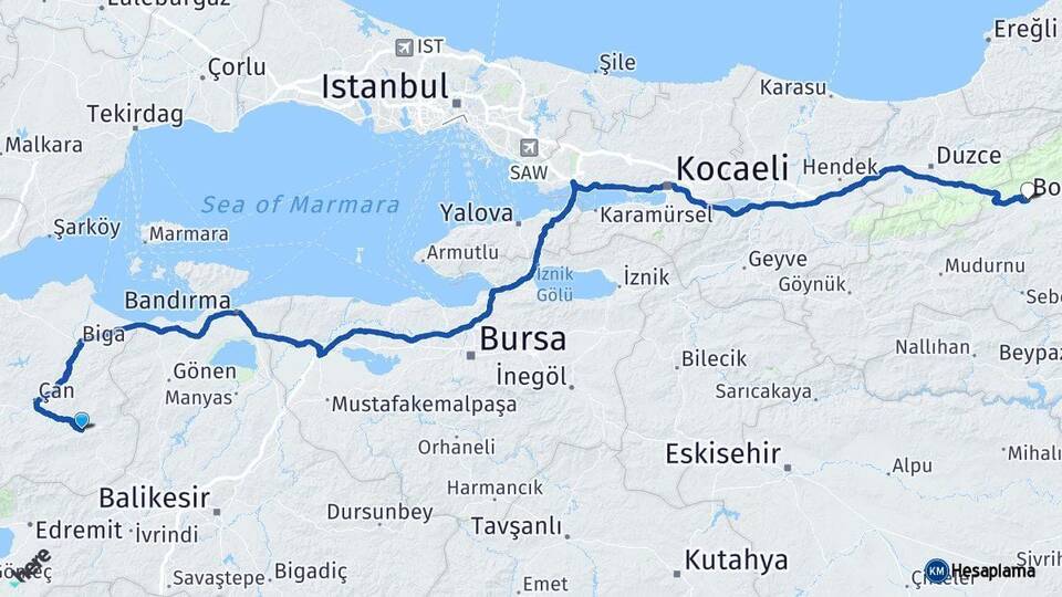 Çanakkale Yenice Bolu Arası Kaç Km - Yol Haritası