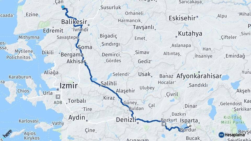 Çanakkale Yenice Burdur Arası Kaç Km - Yol Haritası