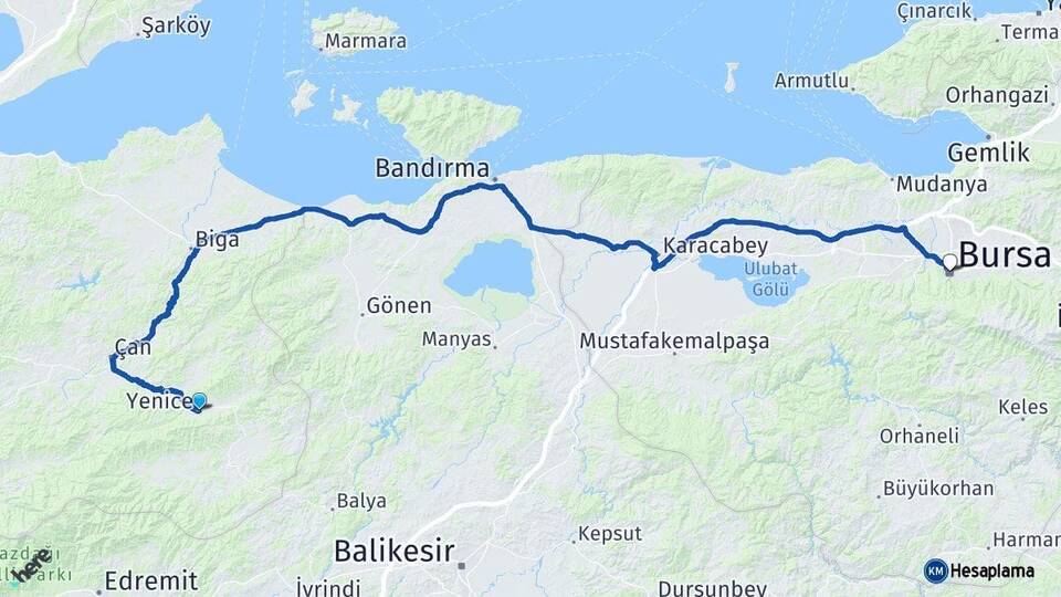 Çanakkale Yenice Bursa Arası Kaç Km - Yol Haritası