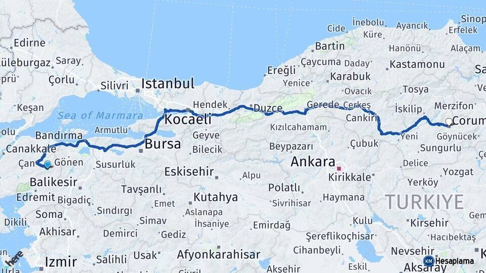 Çanakkale Yenice Çorum Arası Kaç Km - Yol Haritası
