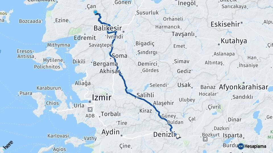 Çanakkale Yenice Denizli Arası Kaç Km - Yol Haritası