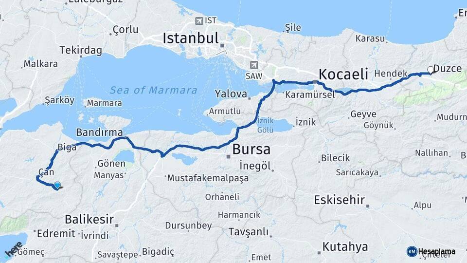 Çanakkale Yenice Düzce Arası Kaç Km - Yol Haritası