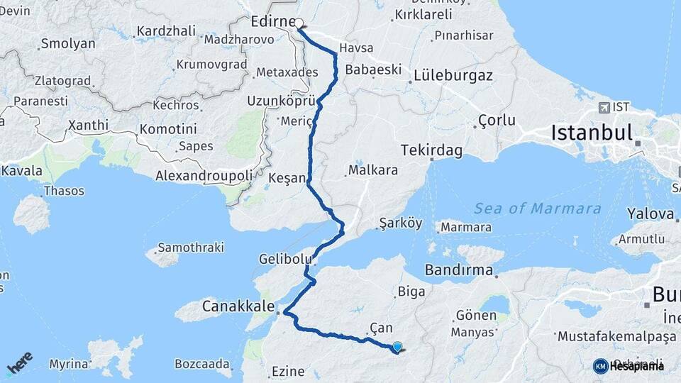 Çanakkale Yenice Edirne Arası Kaç Km - Yol Haritası