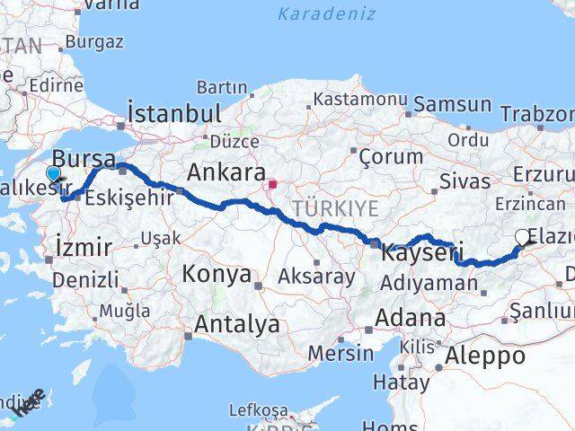 Çanakkale Yenice Elazığ Arası Kaç Km - Yol Haritası