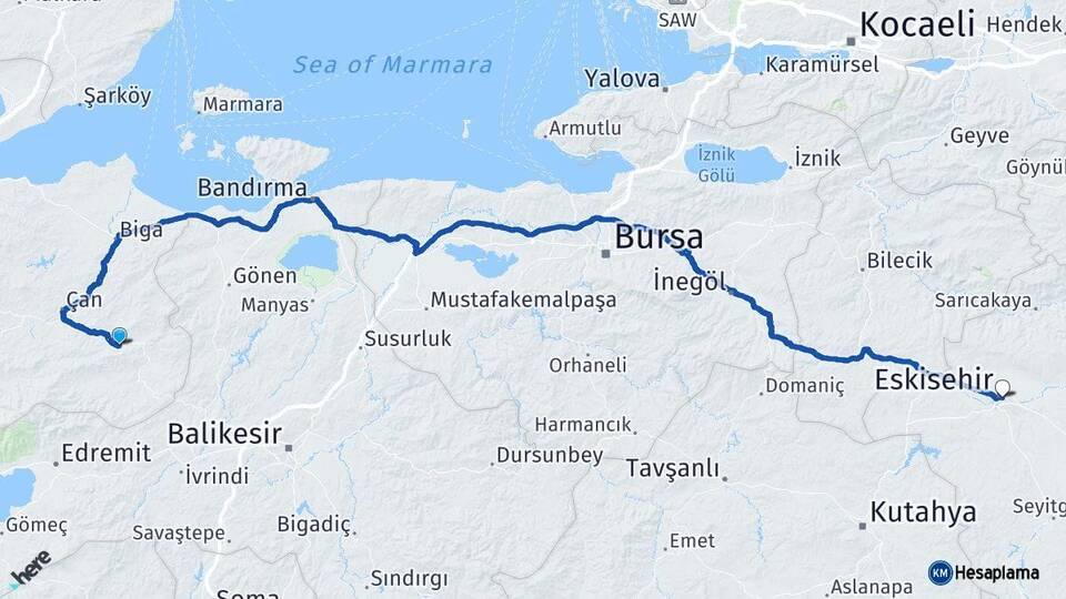 Çanakkale Yenice Eskişehir Arası Kaç Km - Yol Haritası
