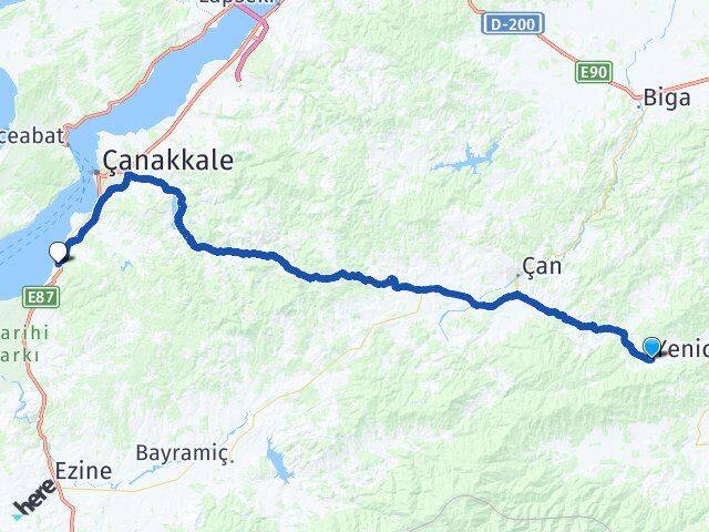Çanakkale Yenice Güzelyalı Arası Kaç Km - Yol Haritası