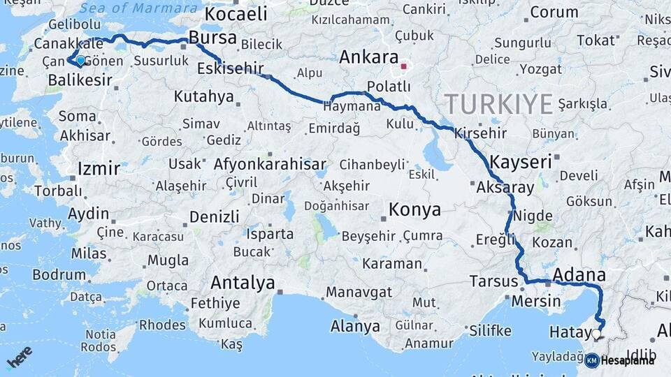 Çanakkale Yenice Hatay Arası Kaç Km - Yol Haritası