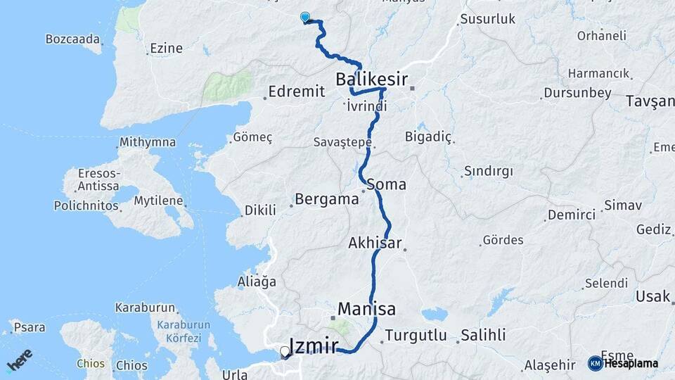 Çanakkale Yenice İzmir Arası Kaç Km - Yol Haritası