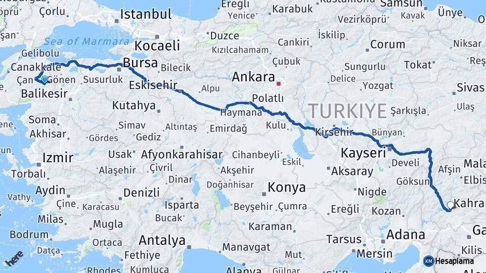 Çanakkale Yenice Kahramanmaraş Arası Kaç Km - Yol Haritası