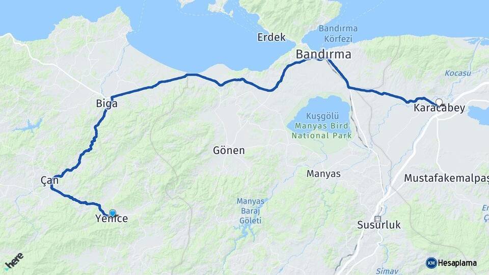 Çanakkale Yenice Karacabey Bursa Arası Kaç Km - Yol Haritası