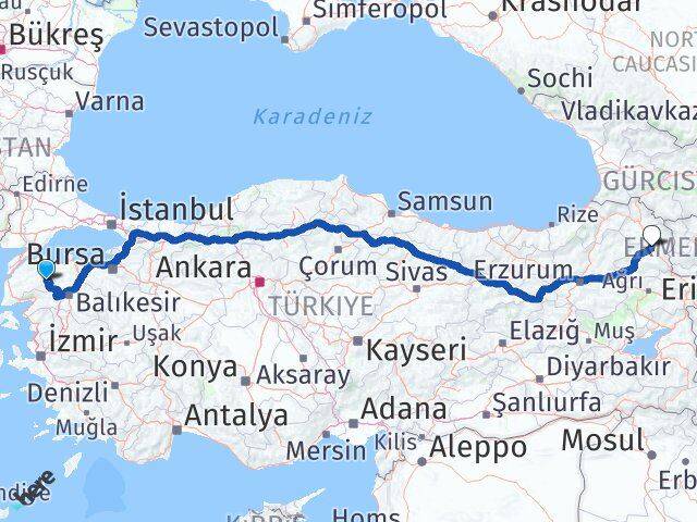 Çanakkale Yenice Kars Arası Kaç Km - Yol Haritası