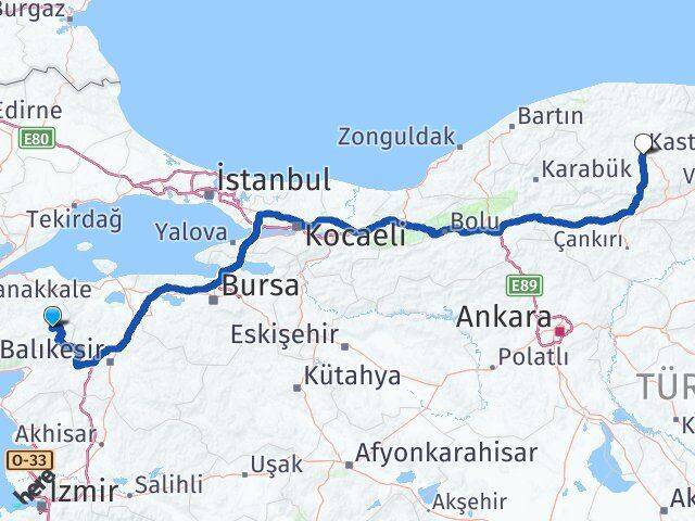 Çanakkale Yenice Kastamonu Arası Kaç Km - Yol Haritası