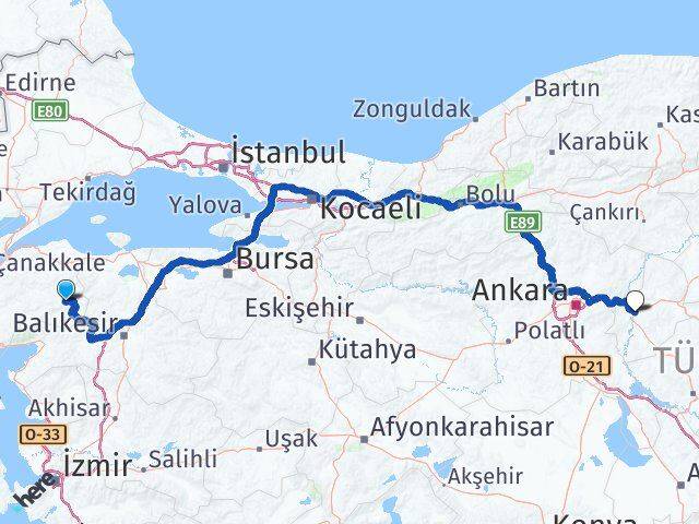 Çanakkale Yenice Kırıkkale Arası Kaç Km - Yol Haritası