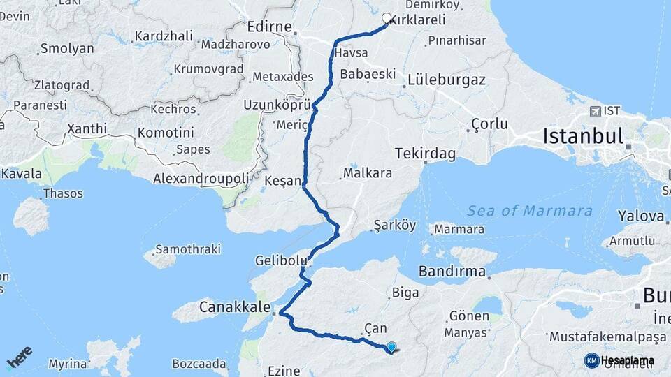Çanakkale Yenice Kırklareli Arası Kaç Km - Yol Haritası