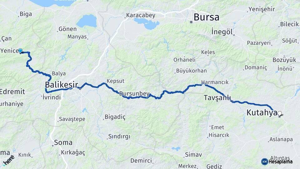 Çanakkale Yenice Kütahya Arası Kaç Km - Yol Haritası