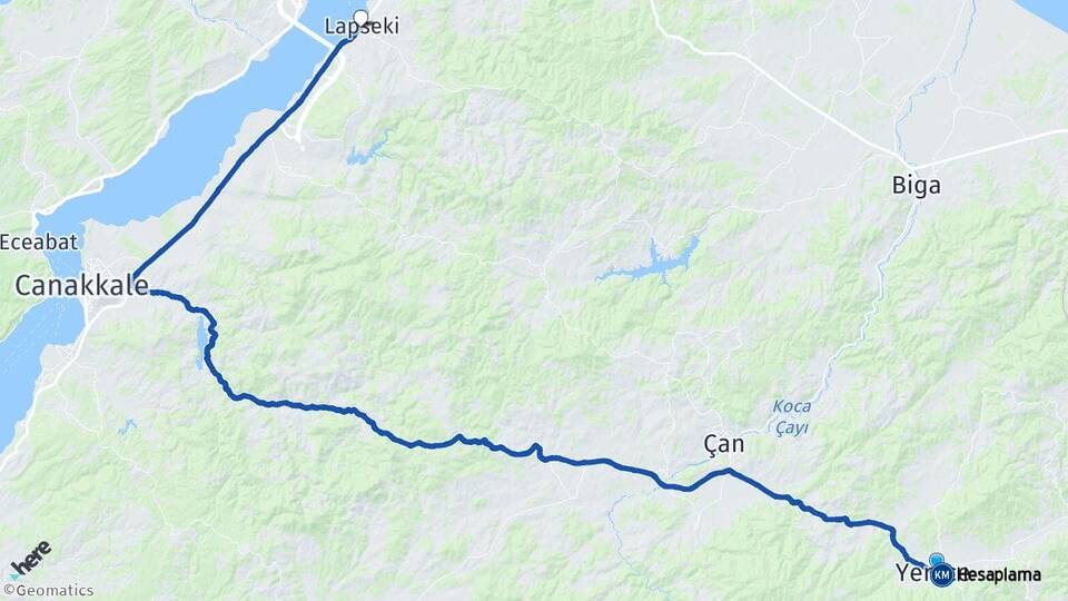 Çanakkale Yenice Lapseki Arası Kaç Km - Yol Haritası