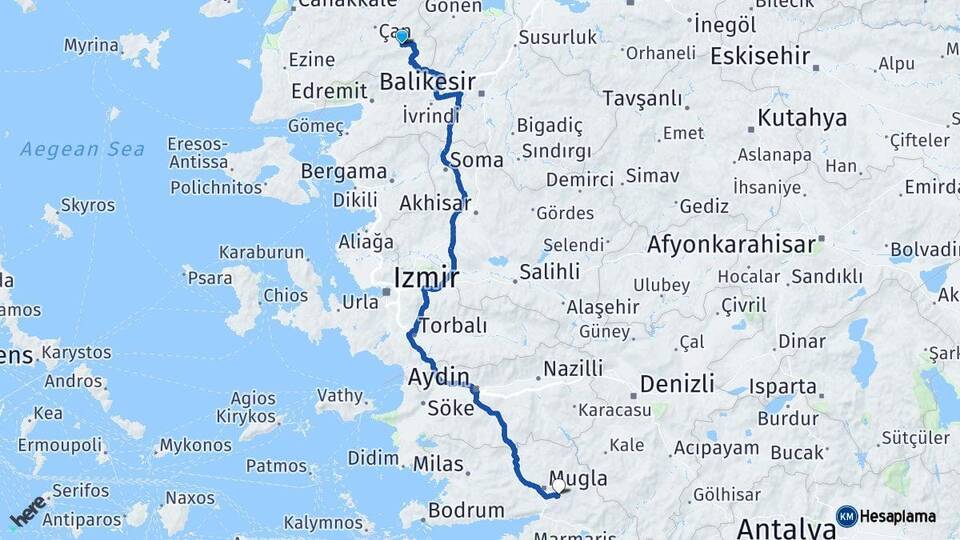 Çanakkale Yenice Muğla Arası Kaç Km - Yol Haritası