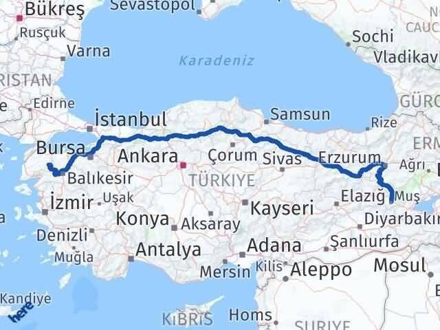 Çanakkale Yenice Muş Arası Kaç Km - Yol Haritası