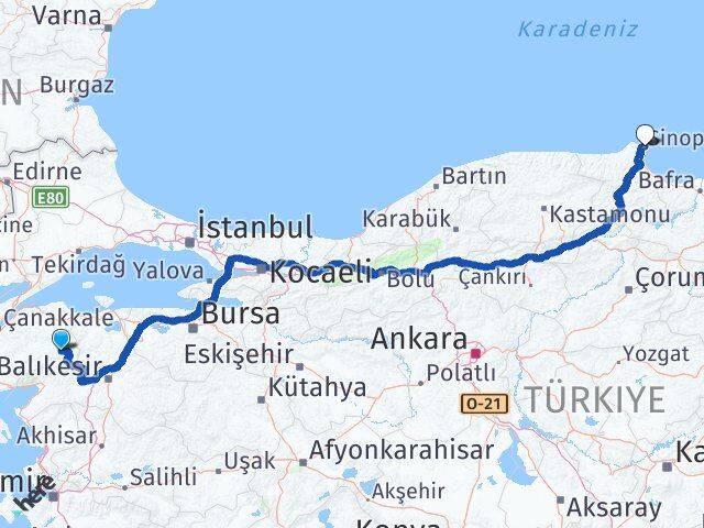 Çanakkale Yenice Sinop Arası Kaç Km - Yol Haritası