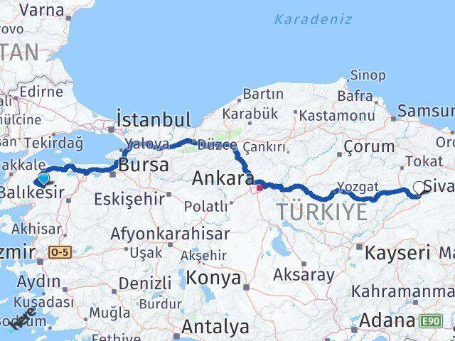 Çanakkale Yenice Sivas Arası Kaç Km - Yol Haritası