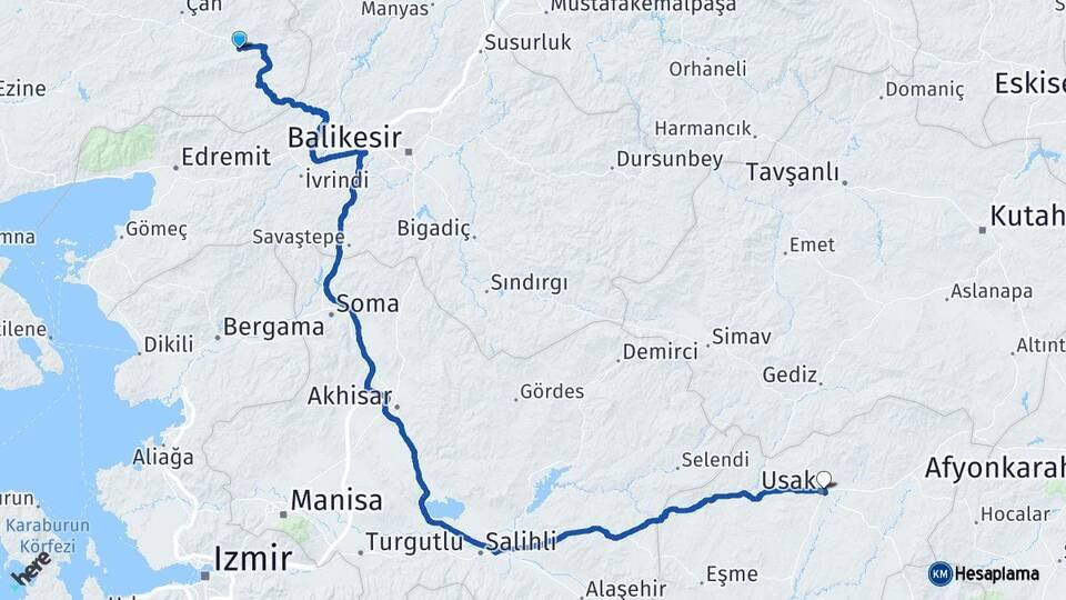 Çanakkale Yenice Uşak Arası Kaç Km - Yol Haritası