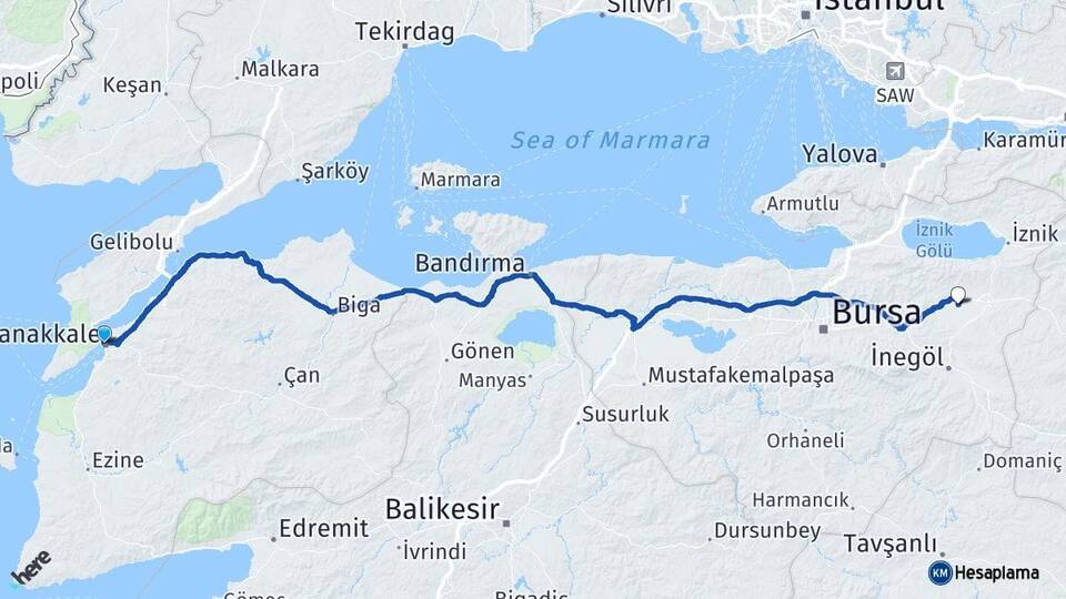 Çanakkale Yenişehir Havalimanı Arası Kaç Km - Yol Haritası