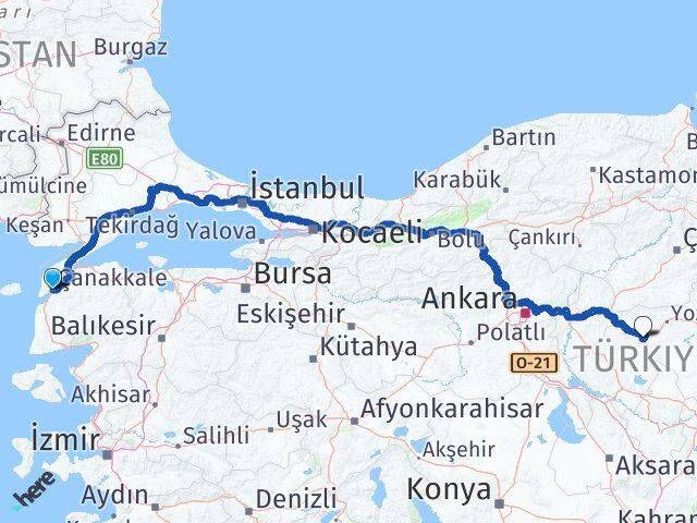 Çanakkale Yerköy Yozgat Arası Kaç Km - Yol Haritası