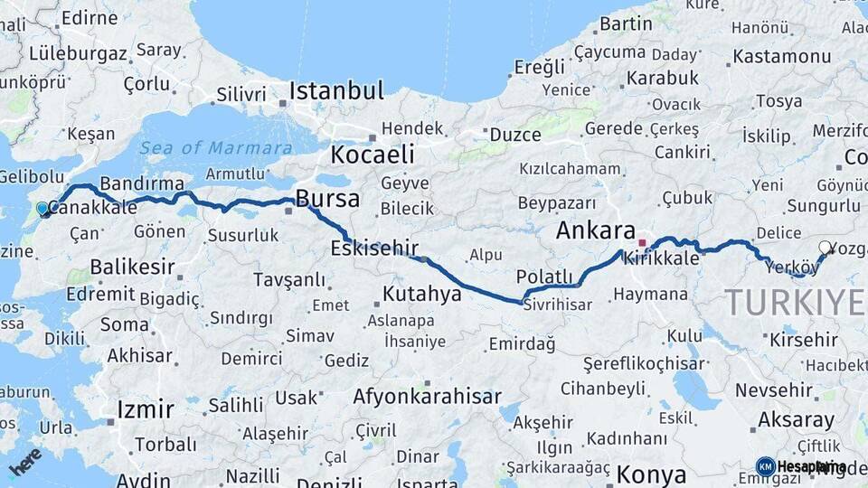Çanakkale Yozgat Arası Kaç Km - Yol Haritası