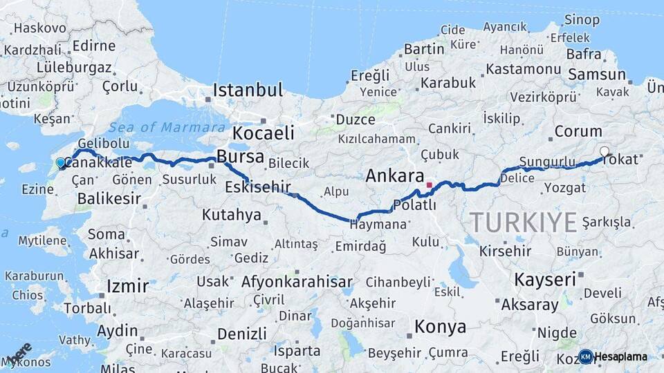 Çanakkale Zile Tokat Arası Kaç Km - Yol Haritası