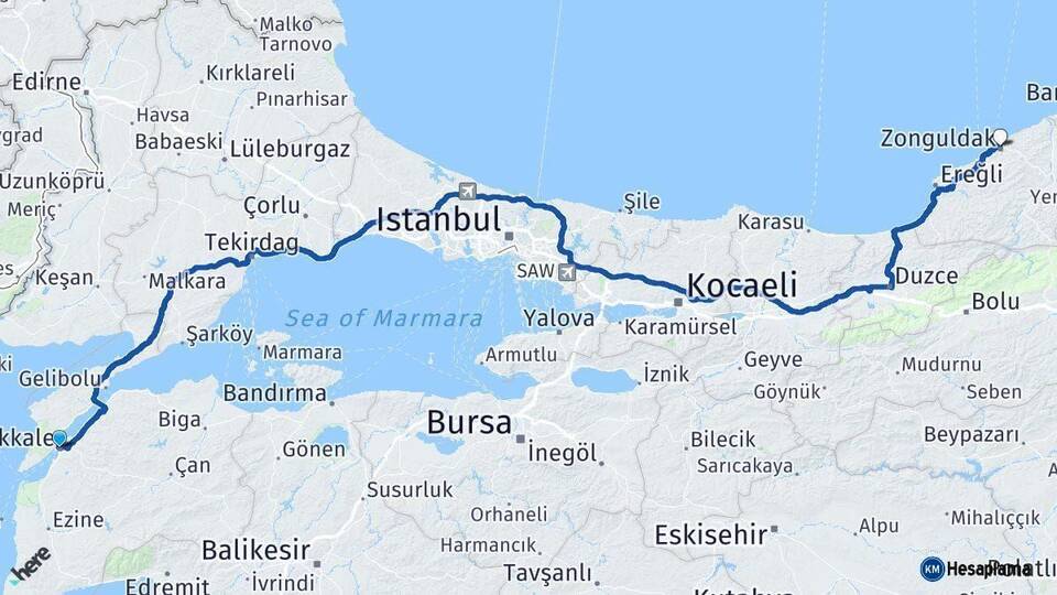 Çanakkale Zonguldak Arası Kaç Km - Yol Haritası