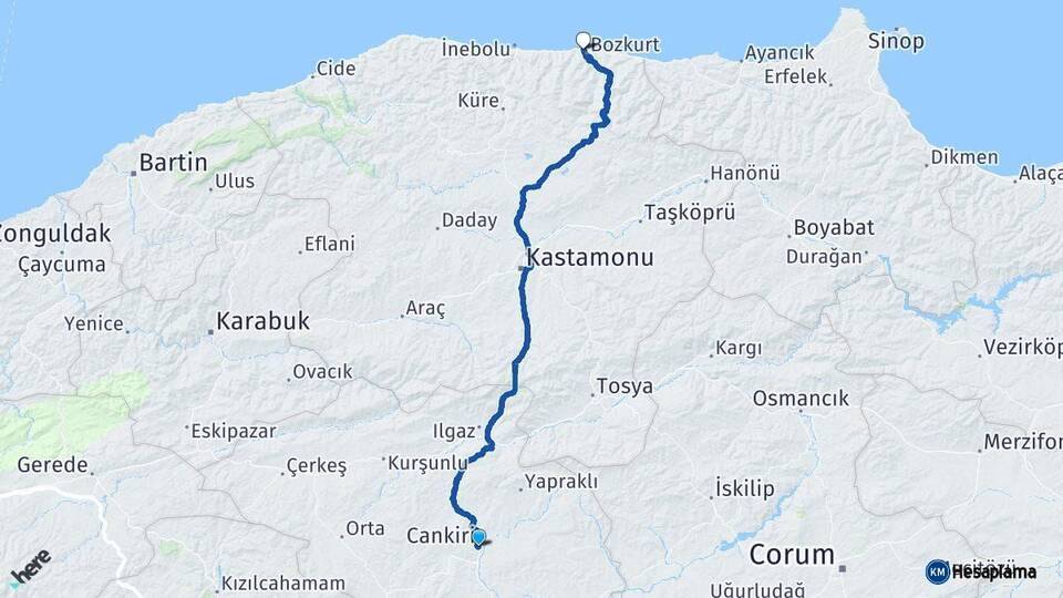Çankırı Abana Kastamonu Arası Kaç Km - Yol Haritası