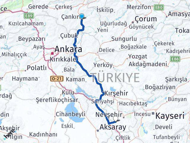Çankırı Acıgöl Nevşehir Arası Kaç Km - Yol Haritası