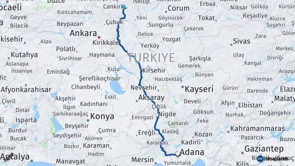Çankırı Adana Arası Kaç Km - Yol Haritası
