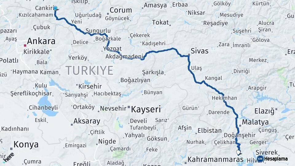 Çankırı Adıyaman Arası Kaç Km - Yol Haritası