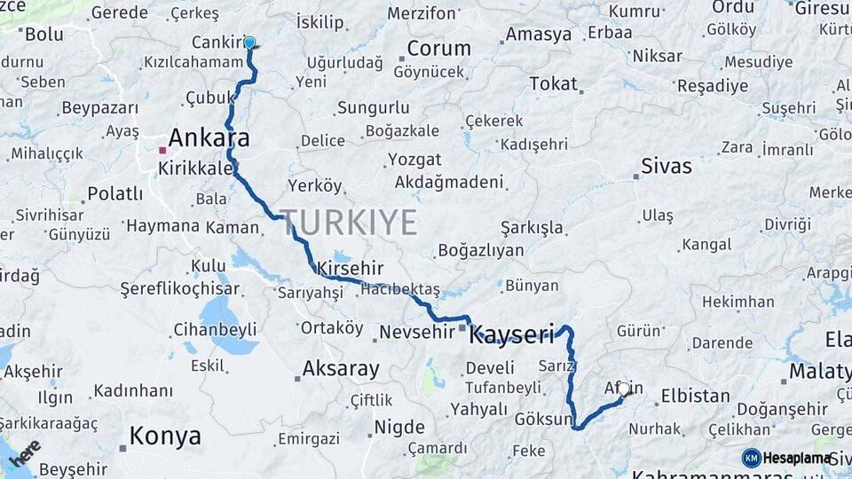 Çankırı Afşin Kahramanmaraş Arası Kaç Km - Yol Haritası