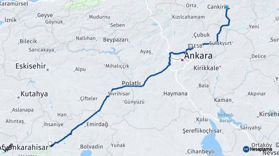 Çankırı Afyonkarahisar Arası Kaç Km - Yol Haritası