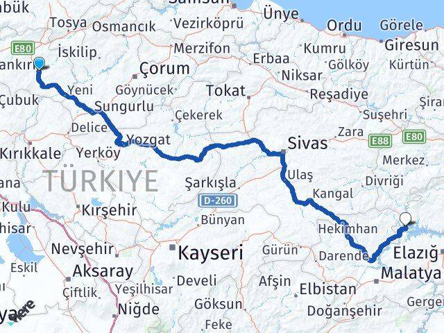 Çankırı Ağın Elazığ Arası Kaç Km - Yol Haritası