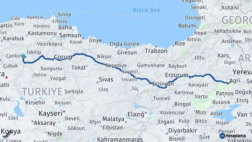 Çankırı Ağrı Arası Kaç Km - Yol Haritası